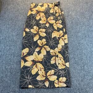 Finity Studio Women Size 6 100% Silk Hawaiian Floral Print Midi Skirt Black Gold